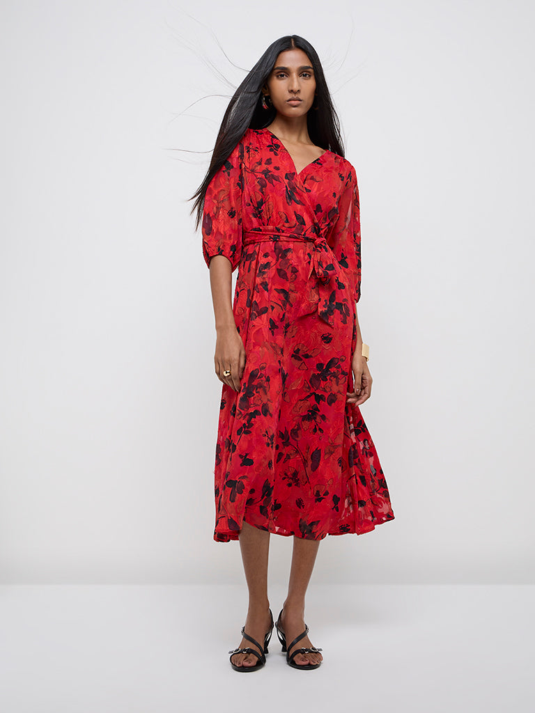 Wardrobe Red Floral Printed A-line Dress with Belt