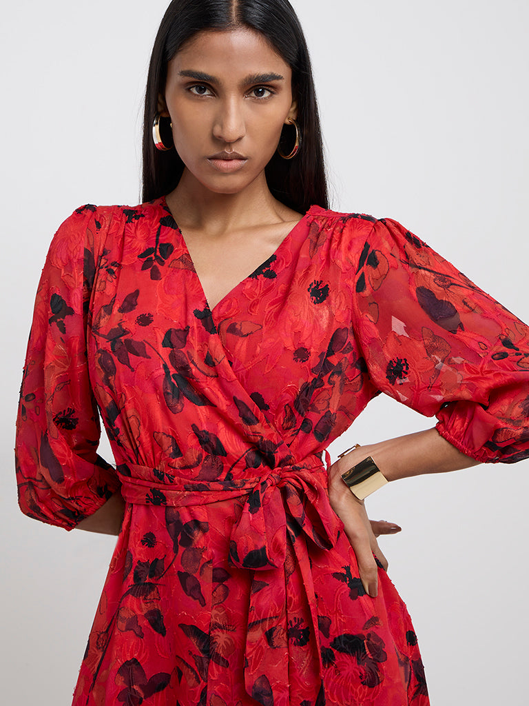 Wardrobe Red Floral Printed A-line Dress with Belt