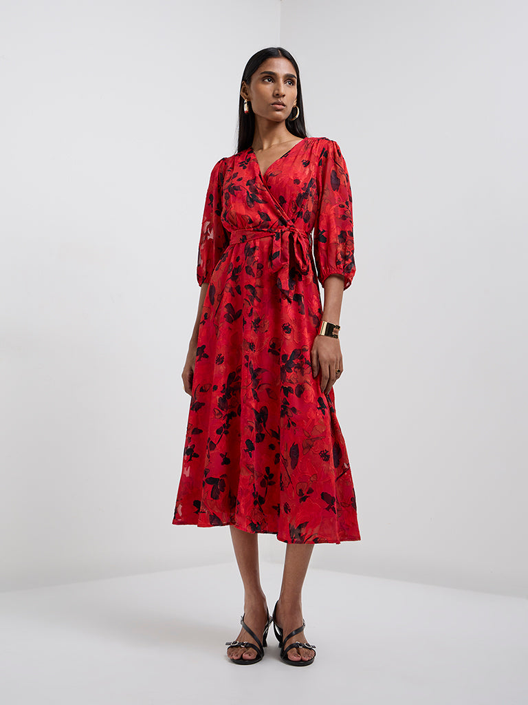 Wardrobe Red Floral Printed A-line Dress with Belt