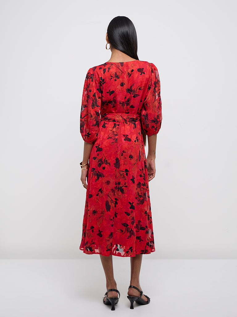 Wardrobe Red Floral Printed A-line Dress with Belt