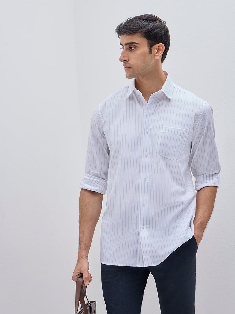 WES Formals White Striped Relaxed-Fit Cotton Shirt