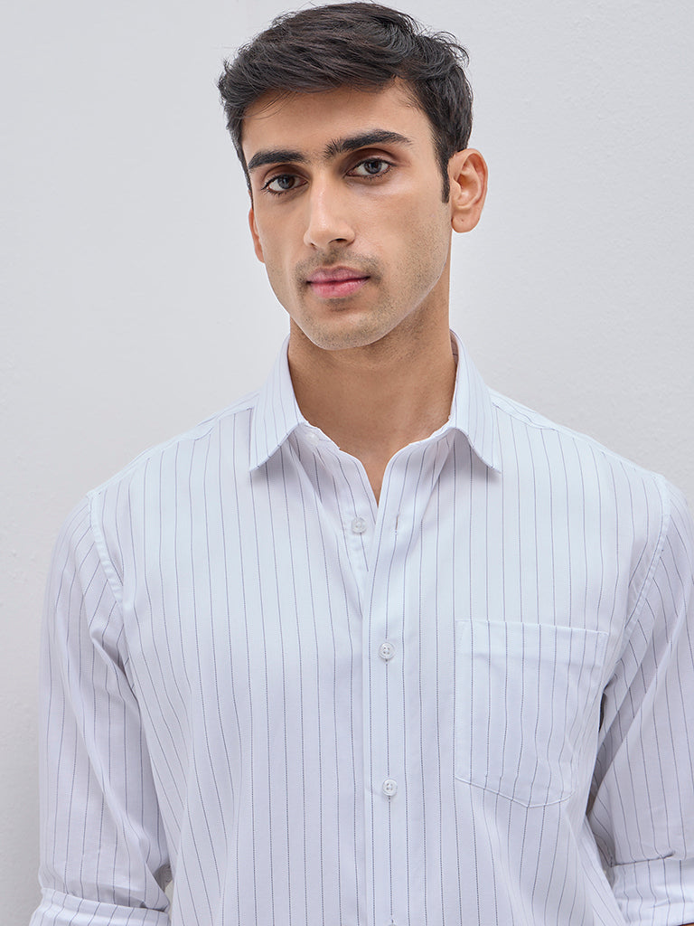 WES Formals White Striped Relaxed-Fit Cotton Shirt