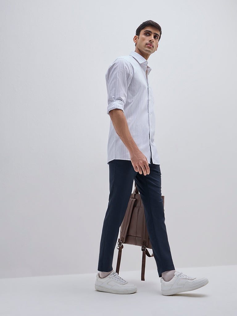 WES Formals White Striped Relaxed-Fit Cotton Shirt