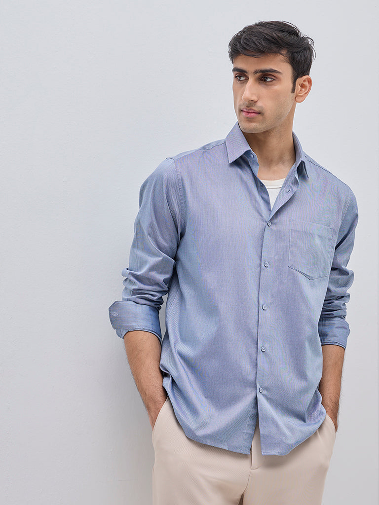 WES Formals Blue Slim-Fit Cotton Shirt