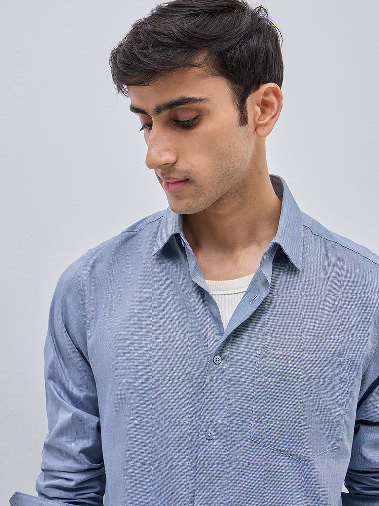 WES Formals Blue Slim-Fit Cotton Shirt