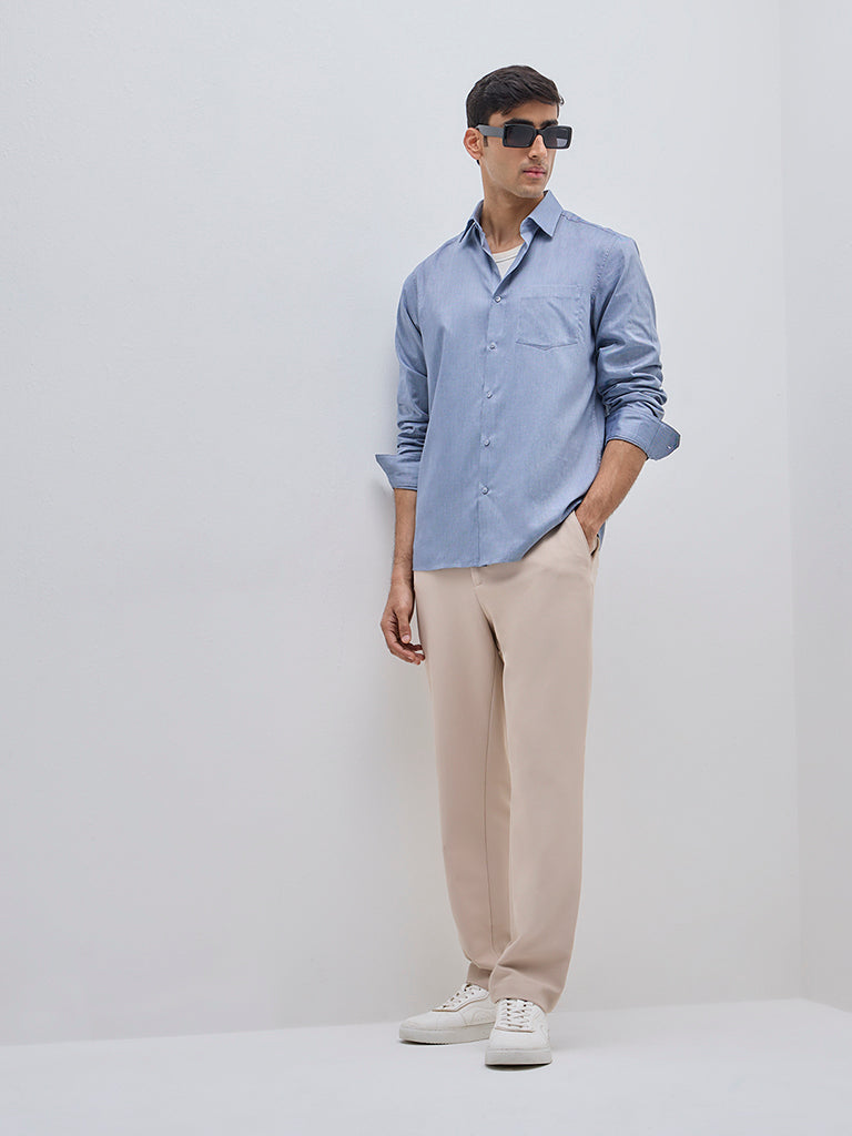 WES Formals Blue Slim-Fit Cotton Shirt