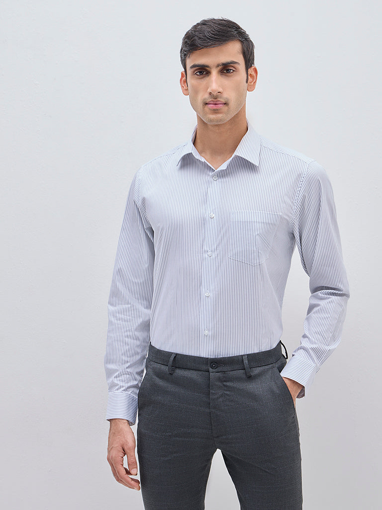 WES Formals White Pinstriped Slim-Fit Cotton Shirt