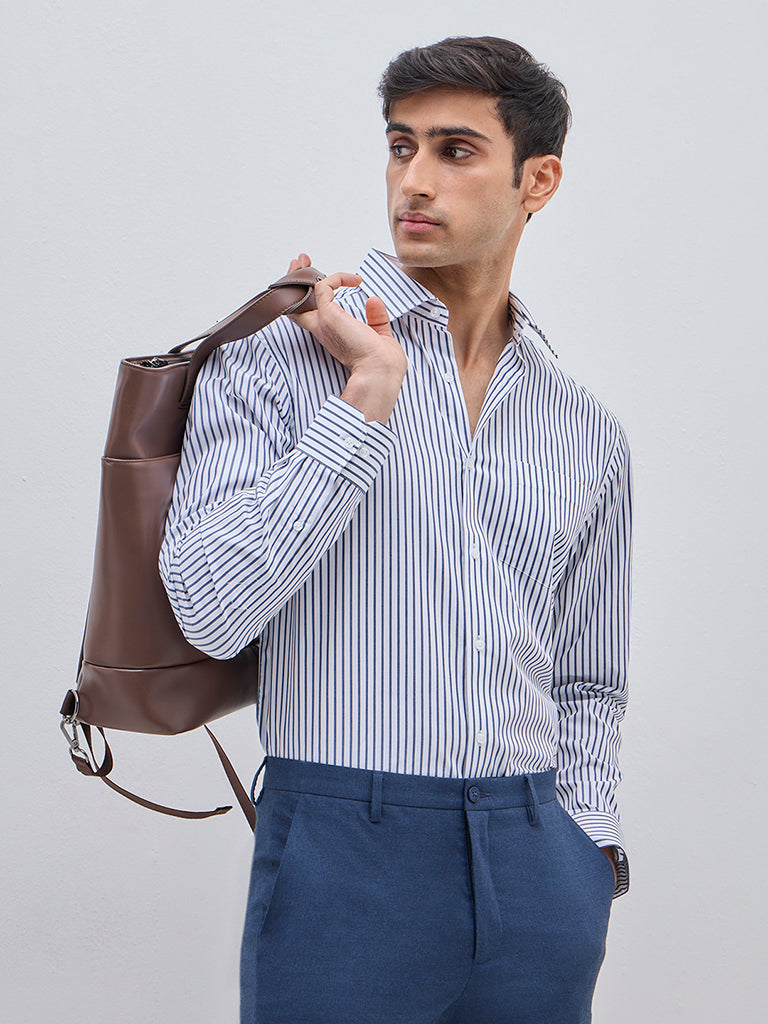 WES Formals White Striped Slim-Fit Cotton Shirt