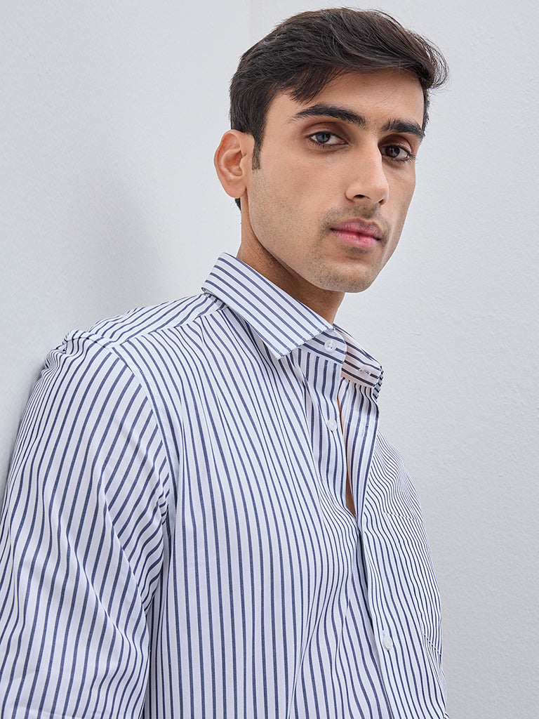 WES Formals White Striped Slim-Fit Cotton Shirt