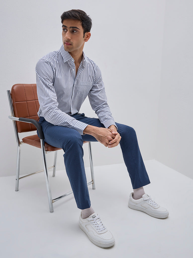 WES Formals White Striped Slim-Fit Cotton Shirt