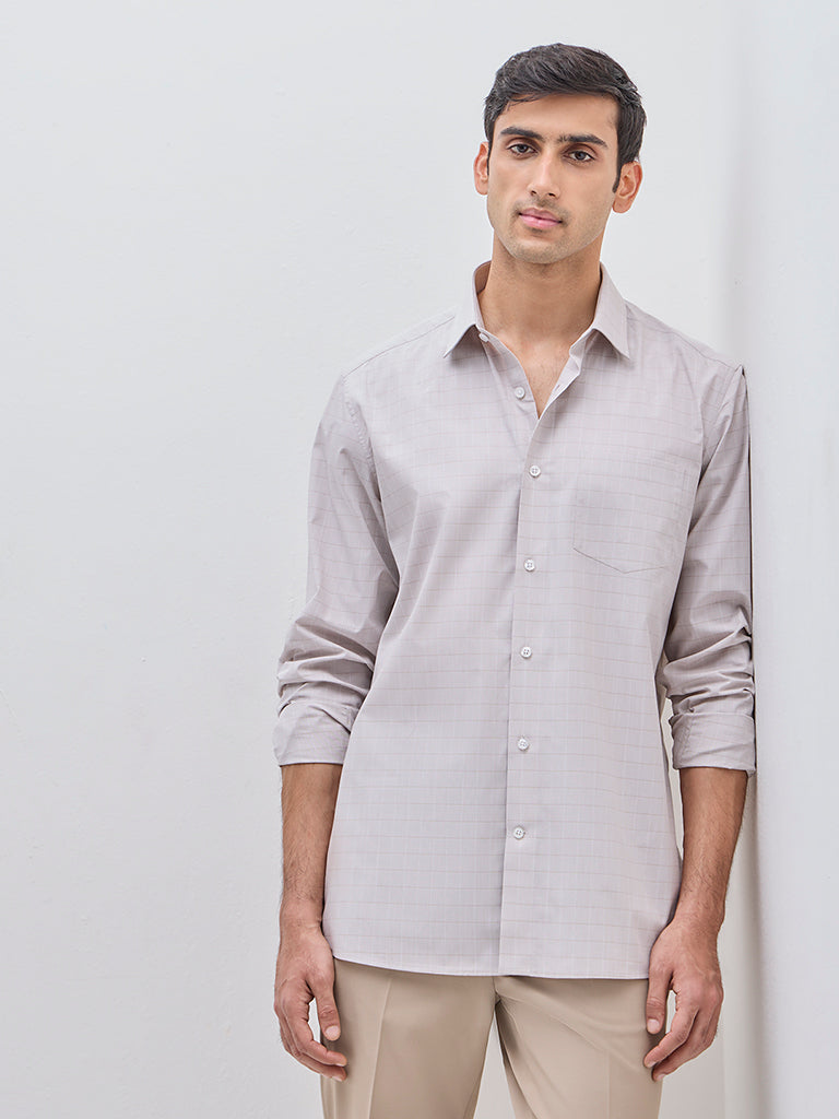 WES Formals Beige Checks Printed Relaxed-Fit Cotton Shirt