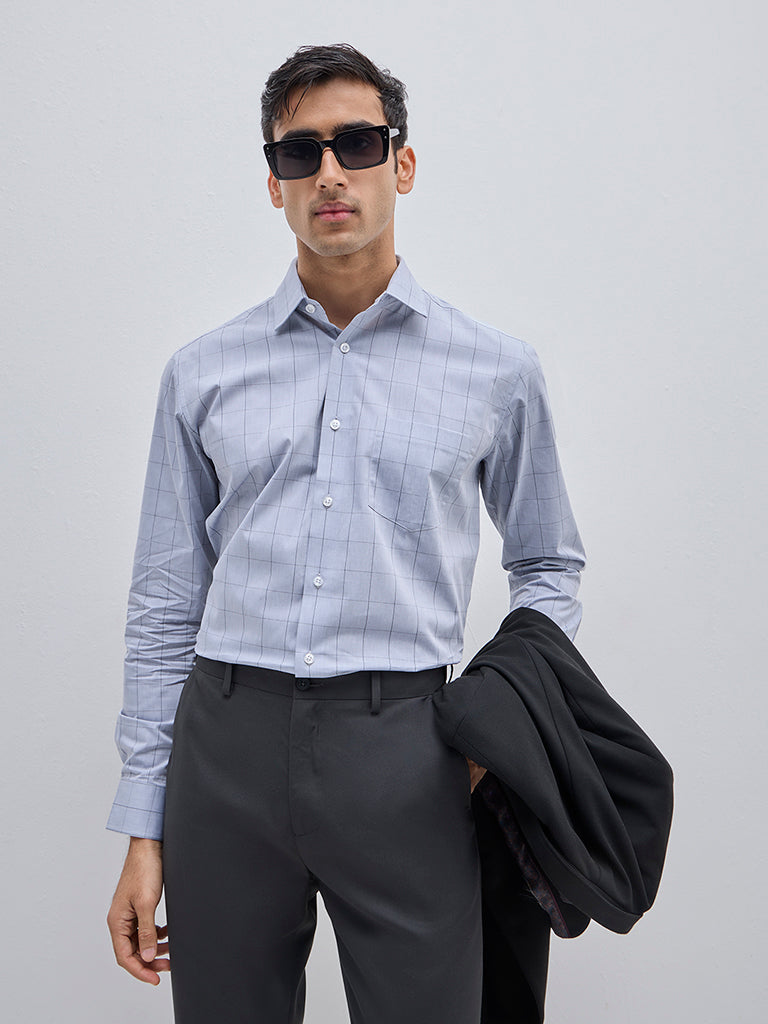 WES Formals Grey Checkered Relaxed-Fit Cotton Shirt