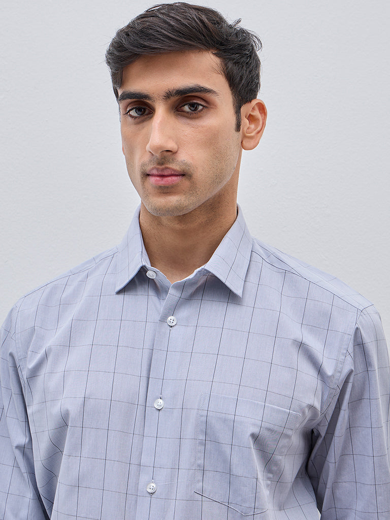 WES Formals Grey Checkered Relaxed-Fit Cotton Shirt