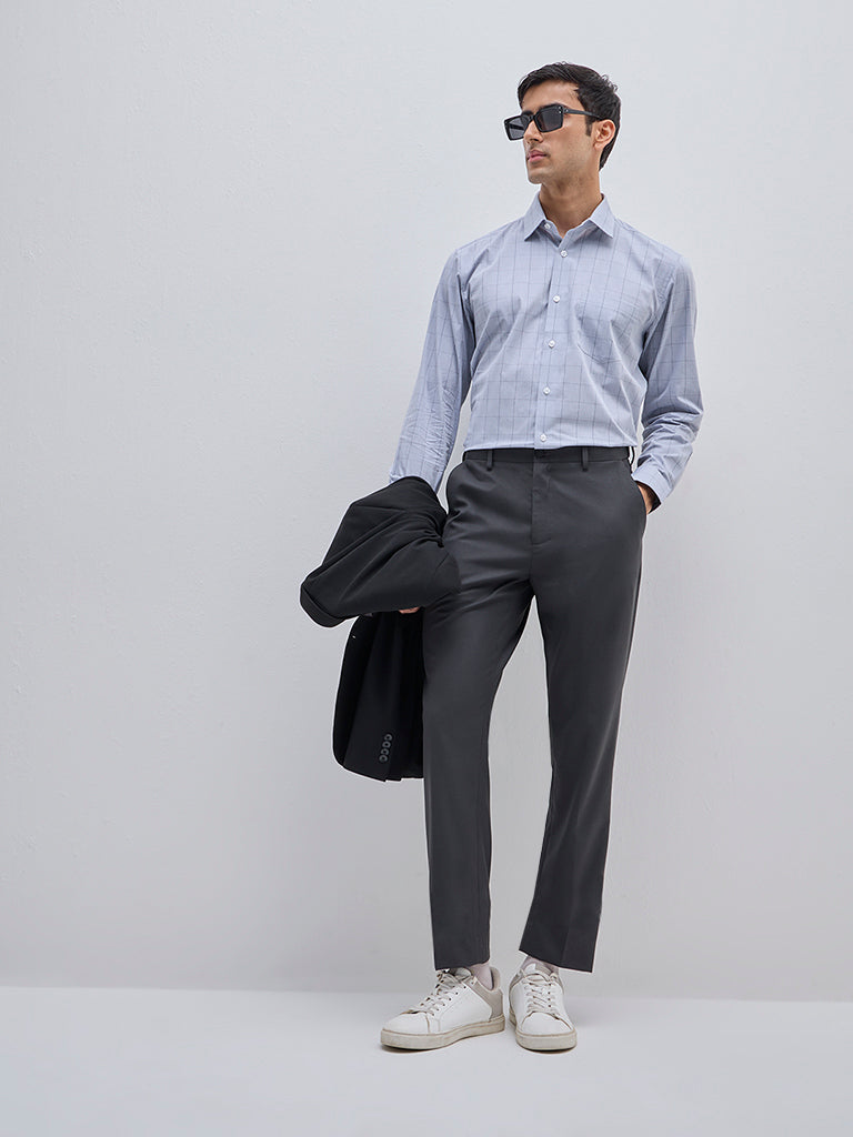 WES Formals Grey Checkered Relaxed-Fit Cotton Shirt