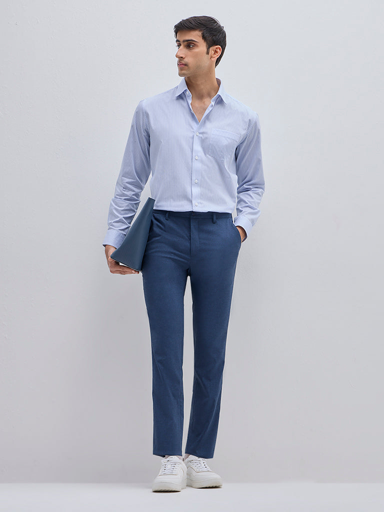 WES Formals Blue Striped Relaxed-Fit Cotton Shirt