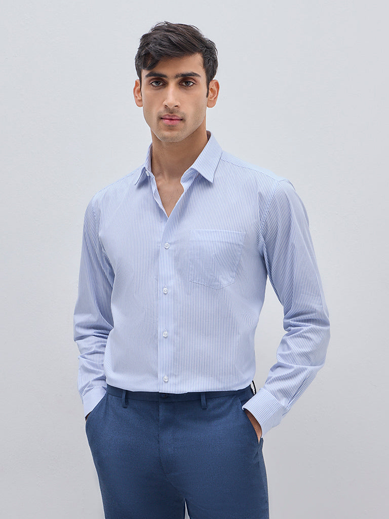 WES Formals Blue Striped Relaxed-Fit Cotton Shirt