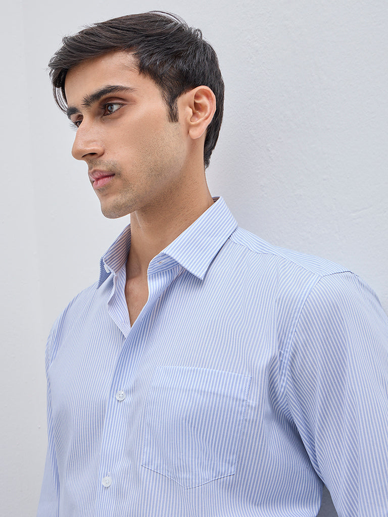 WES Formals Blue Striped Relaxed-Fit Cotton Shirt