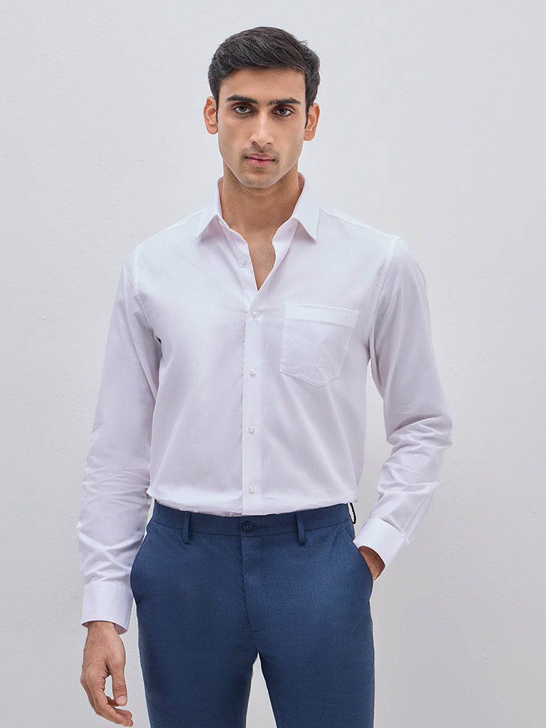 WES Formals Light Pink Striped Slim-Fit Cotton Shirt