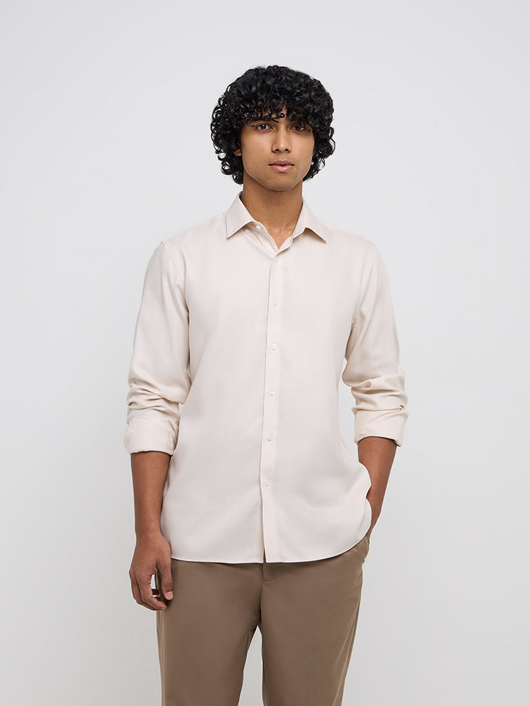 WES Formals Beige Slim-Fit Shirt