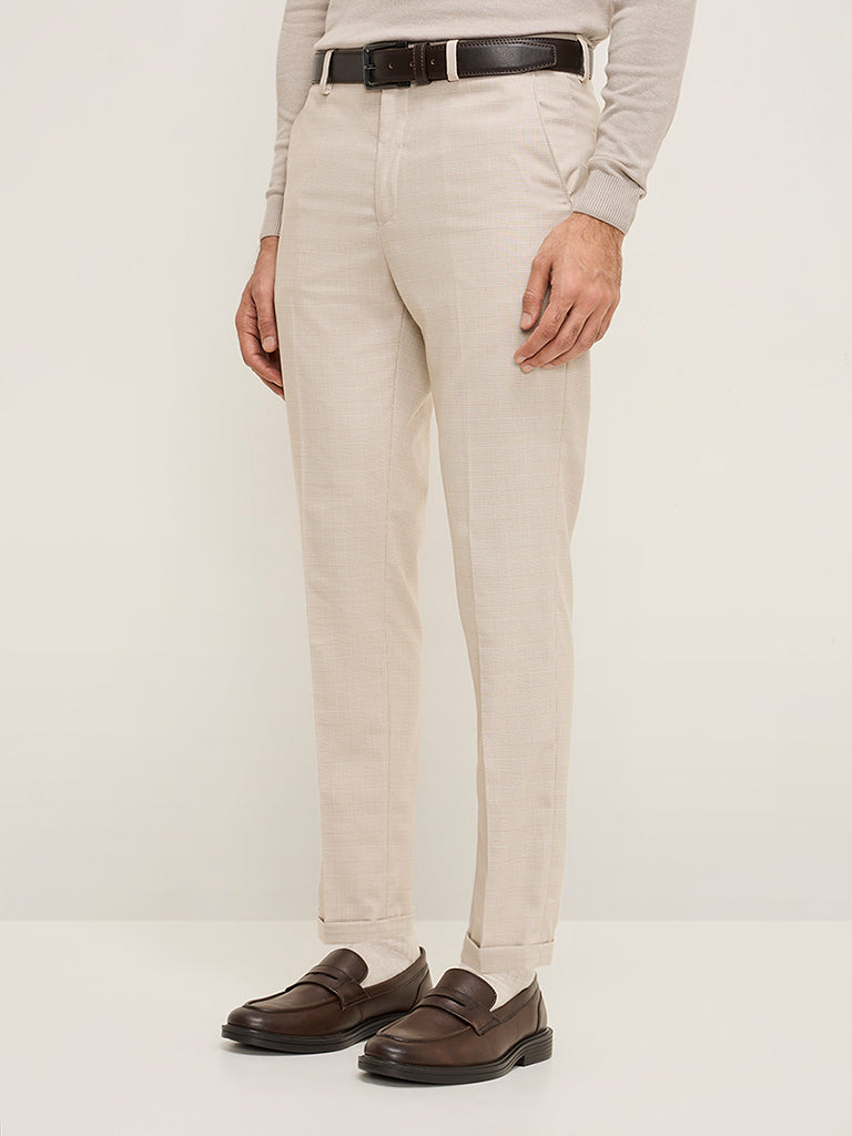 WES Formals Beige Checkered Carrot-Fit Mid-Rise Trousers