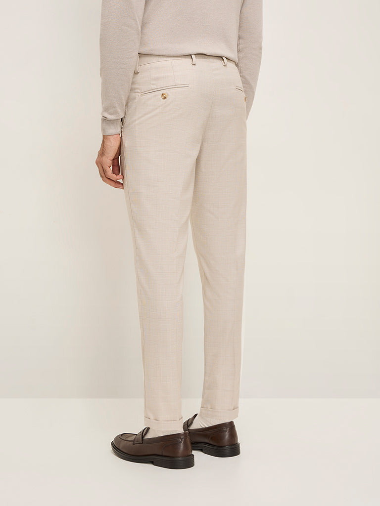 WES Formals Beige Checkered Carrot-Fit Mid-Rise Trousers