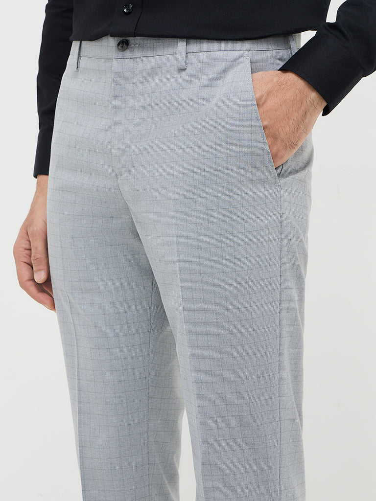 WES Formals Grey Checkered Carrot-Fit Mid-Rise Trousers