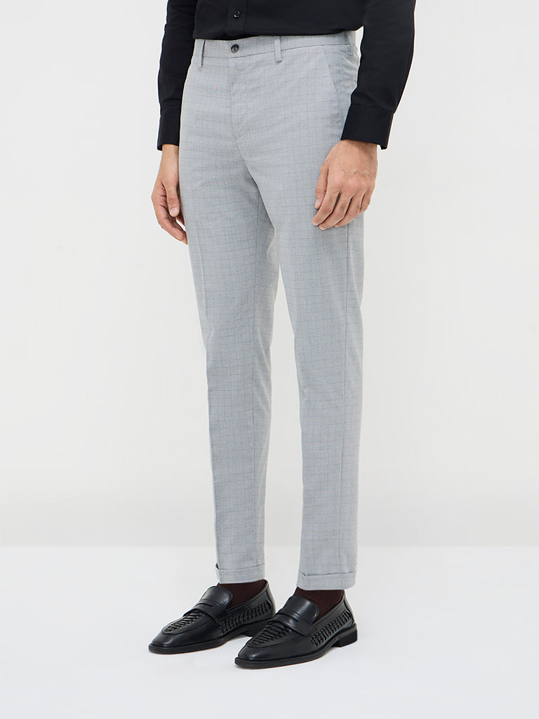 WES Formals Grey Checkered Carrot-Fit Mid-Rise Trousers