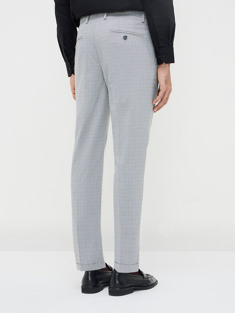 WES Formals Grey Checkered Carrot-Fit Mid-Rise Trousers