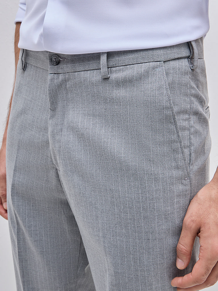 WES Formals Grey Pinstriped Slim-Fit Mid-Rise Trousers