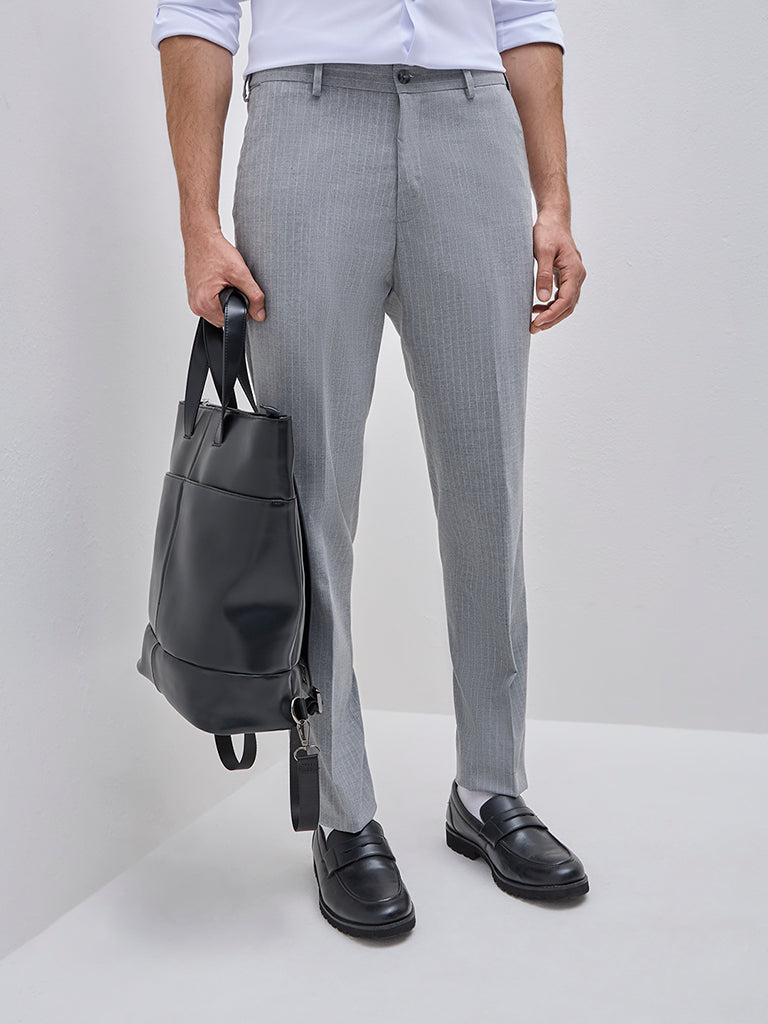 WES Formals Grey Pinstriped Slim-Fit Mid-Rise Trousers