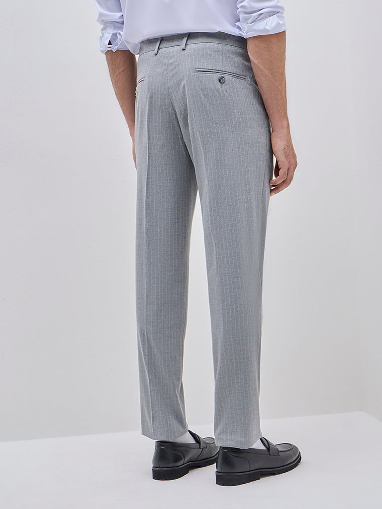 WES Formals Grey Pinstriped Slim-Fit Mid-Rise Trousers