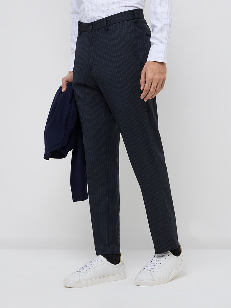 WES Formals Navy Striped Slim-Fit Mid-Rise Trousers