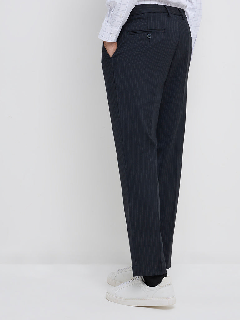 WES Formals Navy Striped Slim-Fit Mid-Rise Trousers