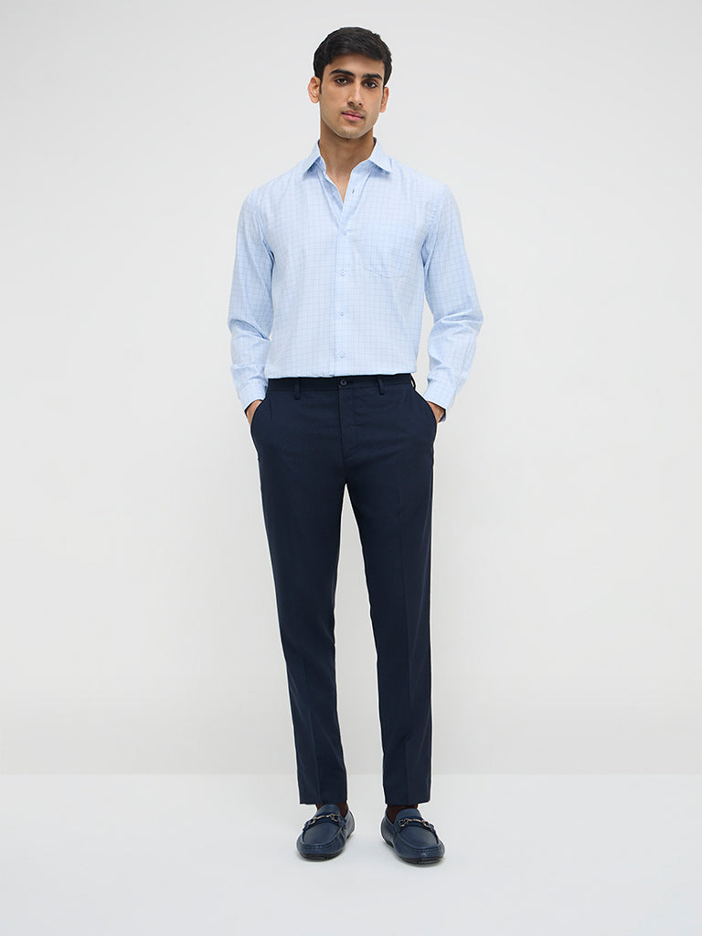 WES Formals Navy Self-Patterned Slim-Fit Mid-Rise Trousers