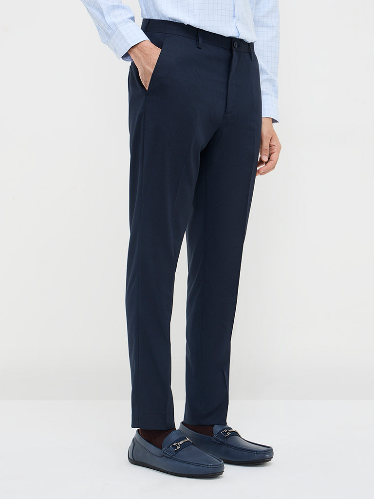 WES Formals Navy Self-Patterned Slim-Fit Mid-Rise Trousers