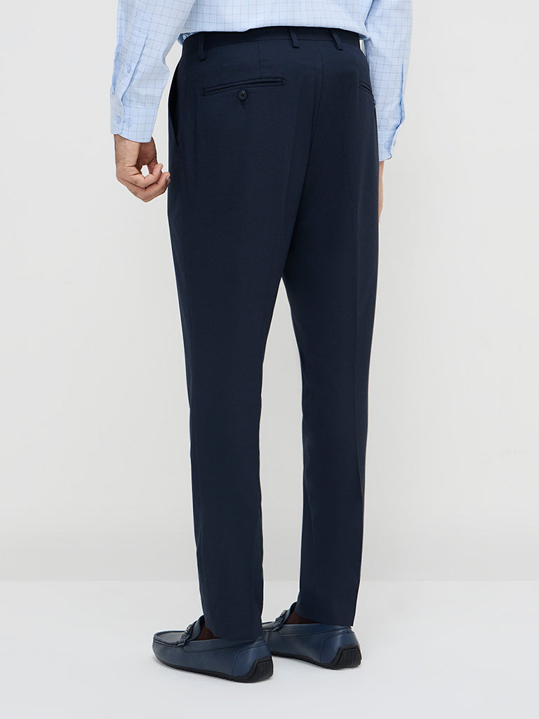 WES Formals Navy Self-Patterned Slim-Fit Mid-Rise Trousers