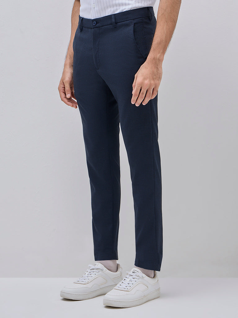 WES Formals Navy Ultra Slim-Fit Mid-Rise Trousers