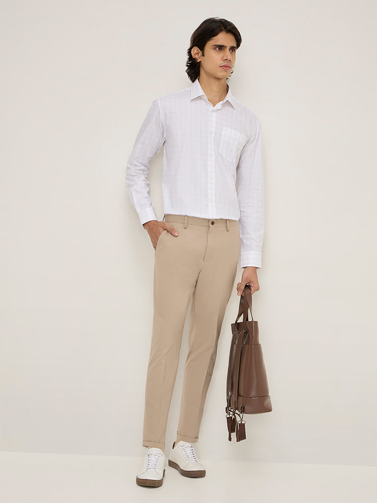 WES Formals Beige Carrot-Fit Mid-Rise Trousers