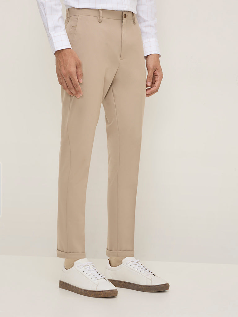 WES Formals Beige Carrot-Fit Mid-Rise Trousers