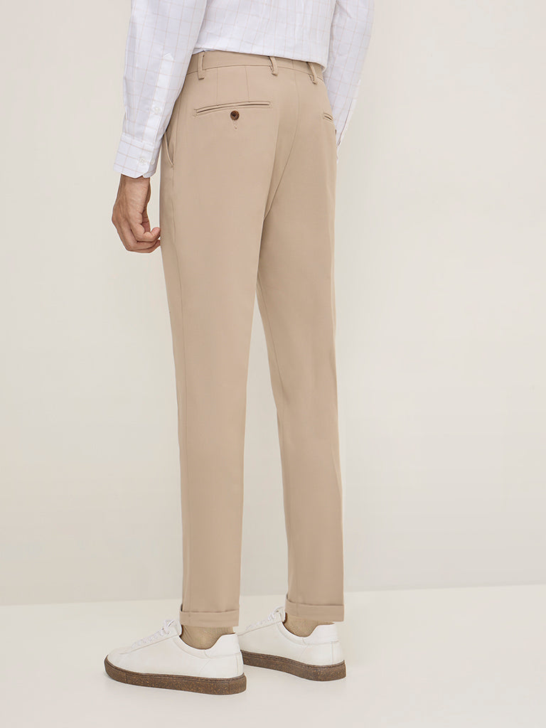 WES Formals Beige Carrot-Fit Mid-Rise Trousers