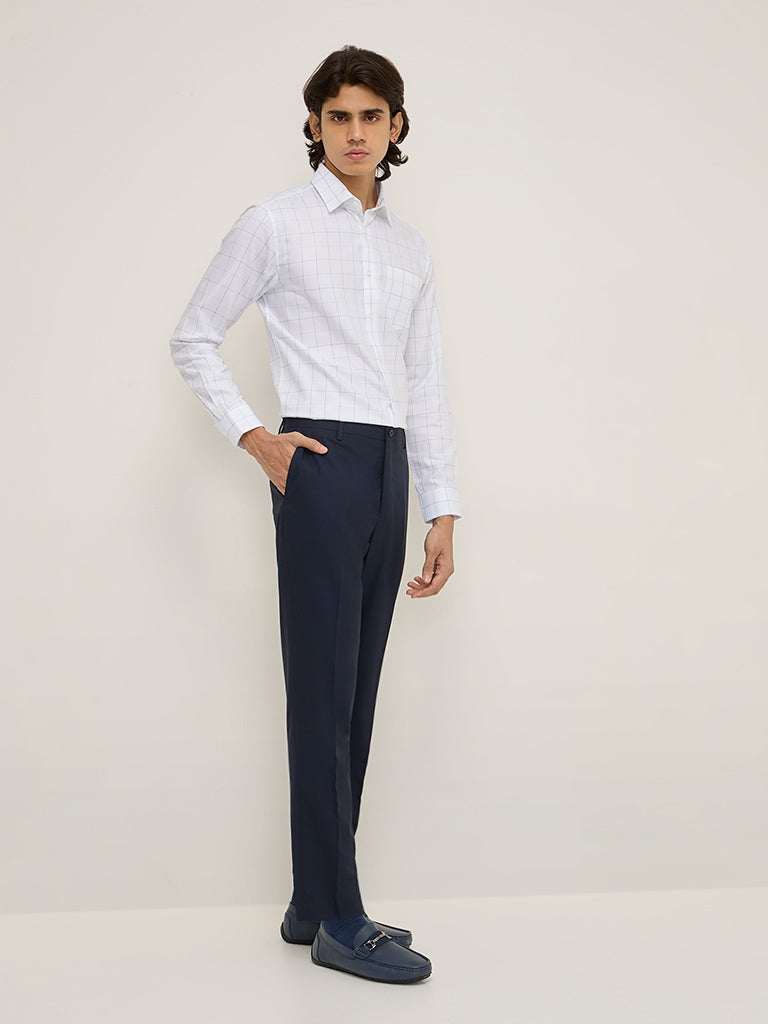 WES Formals Navy Slim-Tapered-Fit Mid-Rise Trousers