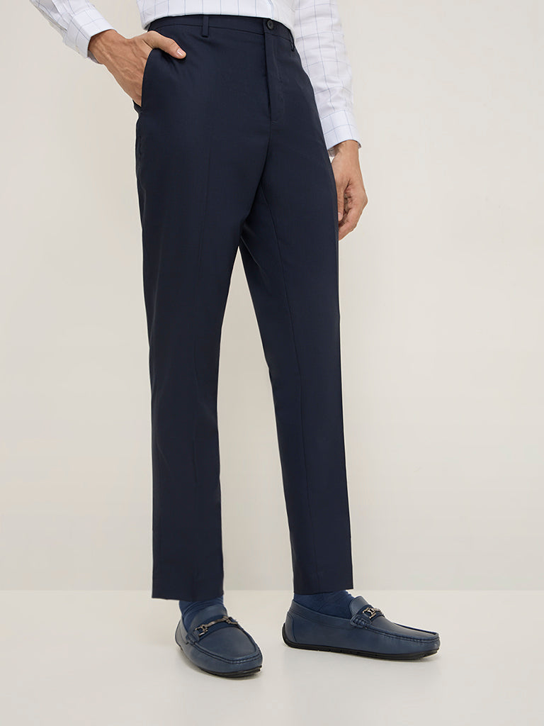 WES Formals Navy Slim-Tapered-Fit Mid-Rise Trousers