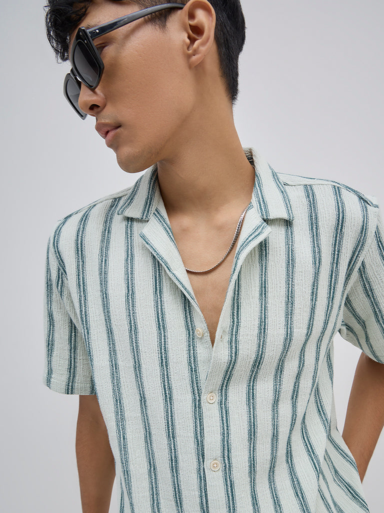 ETA Teal Stripe Printed Relaxed-Fit Cotton Shirt