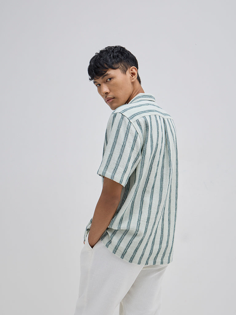 ETA Teal Stripe Printed Relaxed-Fit Cotton Shirt