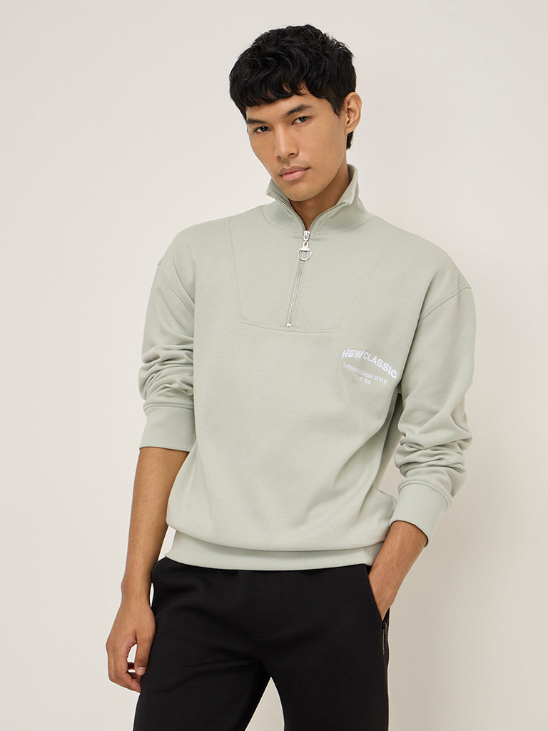 Studiofit Mint Text Design Relaxed-Fit Cotton-Blend Sweatshirt