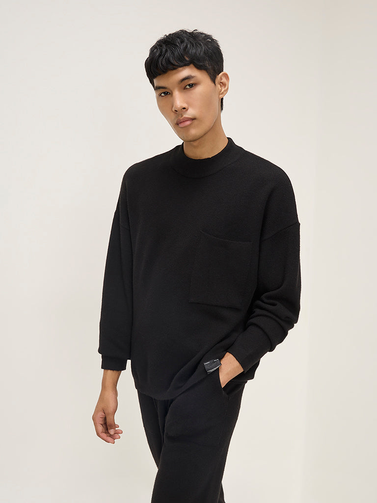 Studiofit Black Knit-Textured Relaxed-Fit Sweatshirt