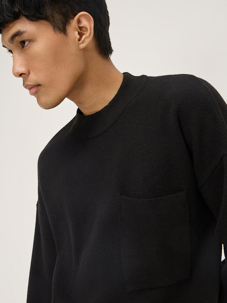 Studiofit Black Knit-Textured Relaxed-Fit Sweatshirt