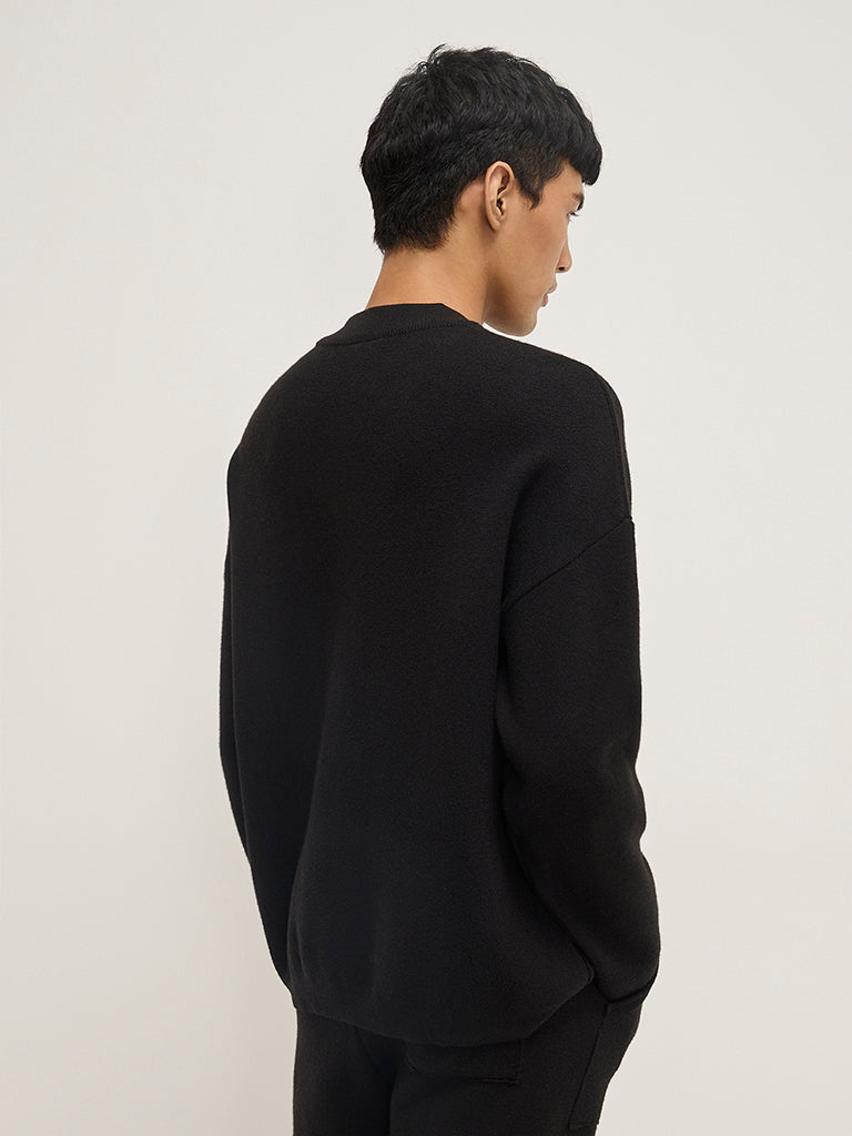 Studiofit Black Knit-Textured Relaxed-Fit Sweatshirt