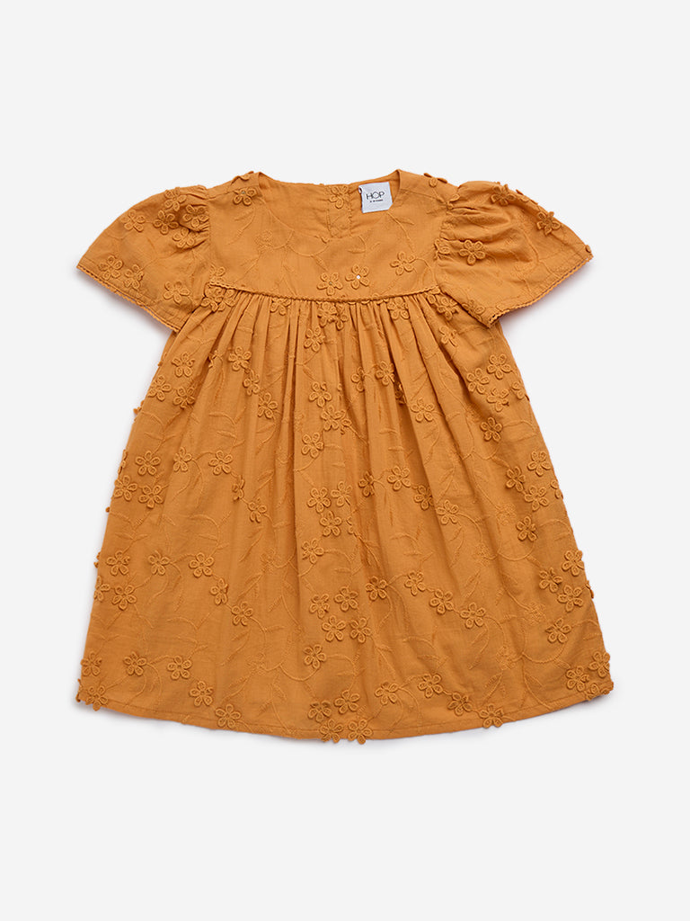 HOP Kids Orange Floral Embroidered A-Line Cotton Dress