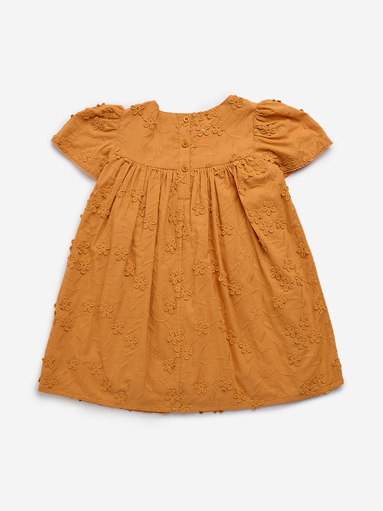 HOP Kids Orange Floral Embroidered A-Line Cotton Dress